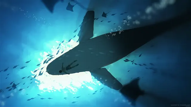 Large whale above a small diver and scattered fish in deep blue water