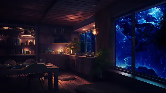 Warm room with books, plants, rainy window, and blue forest outside