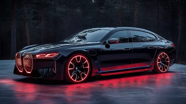 Dark BMW i7 with red neon accents reflected on a wet surface