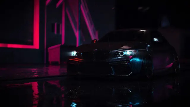 BMW M2 in a rain-darkened alley lit by pink and blue neon