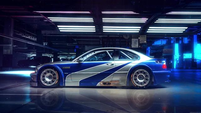 BMW M3 GTR from Need for Speed Most Wanted in a cyan-lit garage