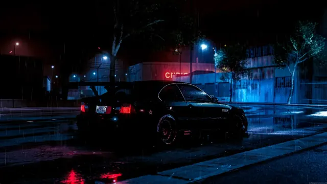 BMW M3 in an NFS-inspired rainy neon night scene