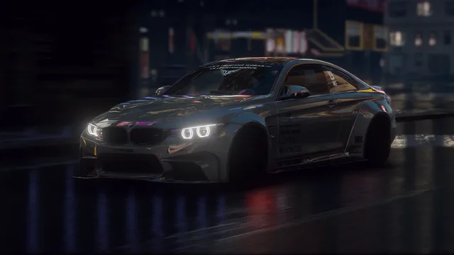 Dark gray BMW M4 LB Works driving through wet city streets at night