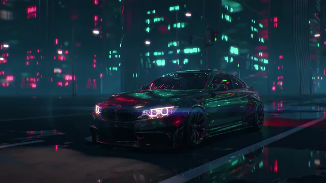 Black BMW M4 Liberty Walk on a neon street