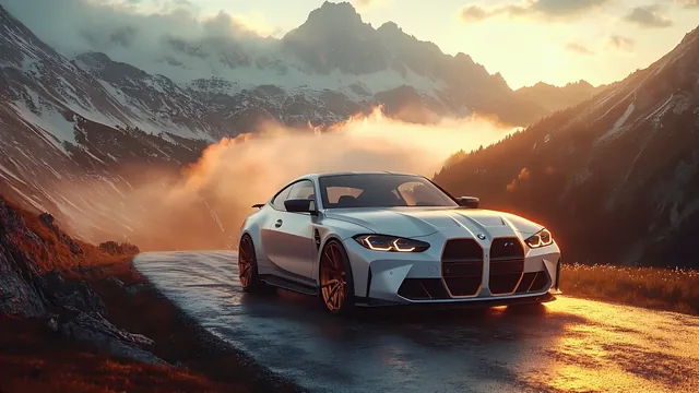 BMW M4 on a wet mountain road at sunrise with mist below the alpine peaks.