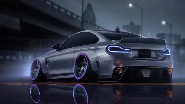 Silver BMW M4 with violet wheel accents driving beneath overpasses
