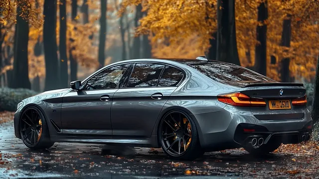BMW M5 on a wet forest road with golden autumn trees and scattered fallen leaves.