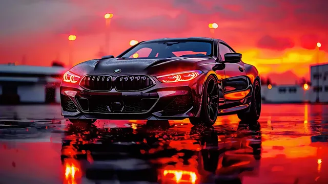 BMW M5 F90 under a fiery sunset with red taillights reflected on wet pavement.