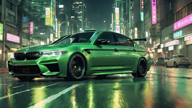 Metallic green BMW M5 in a neon-lit futuristic city under rain