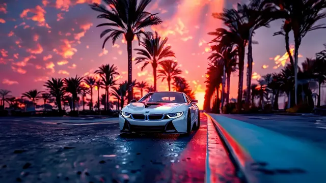 White BMW on a palm-lined boulevard beneath a vivid pink, orange, and purple sunset.