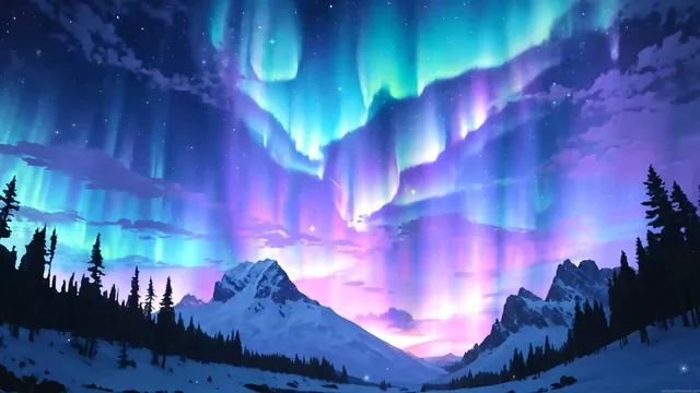 Northern lights above mountains in a 4K landscape live wallpaper