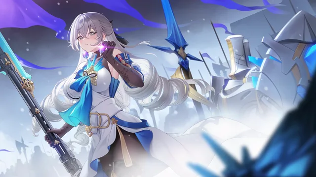 Bronya holding a rifle among icy blue battlefield ruins