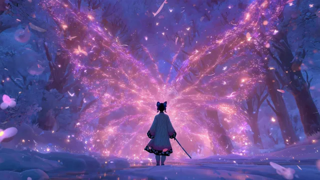Swordbearer facing a glowing butterfly-shaped tree in a violet forest