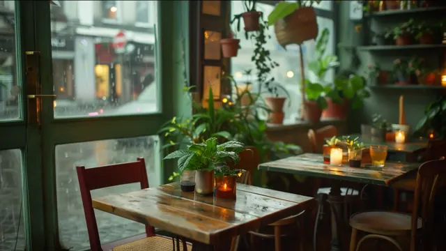 Rainy city street with umbrellas viewed from inside a cozy café