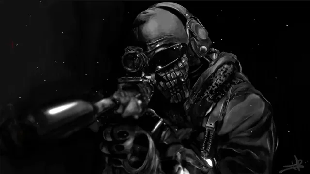 Skull-masked Call of Duty soldier aiming through a scope