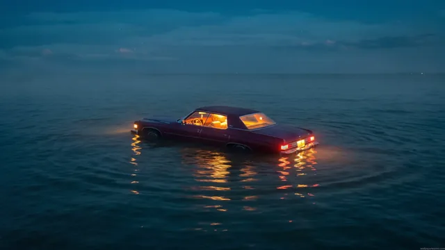 Surreal artwork of a car floating in the ocean
