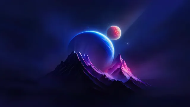 Jagged mountain silhouettes beneath a violet cosmic sky crossed by a glowing celestial arc