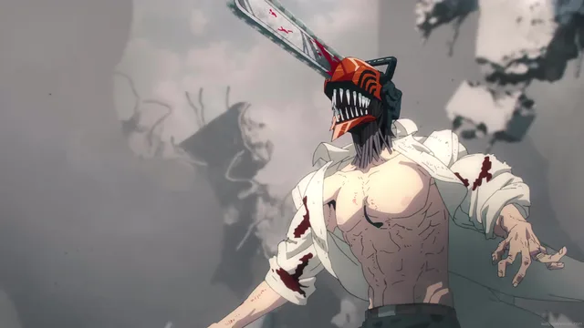 Denji swinging his chainsaw toward the Bat Devil in a dark sky with embers