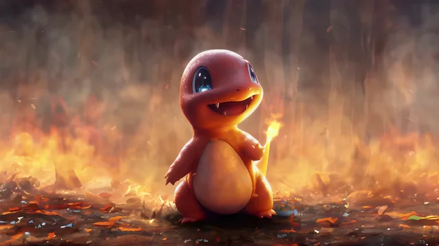 Charmander on a rocky ledge with its tail flame burning amid rising embers