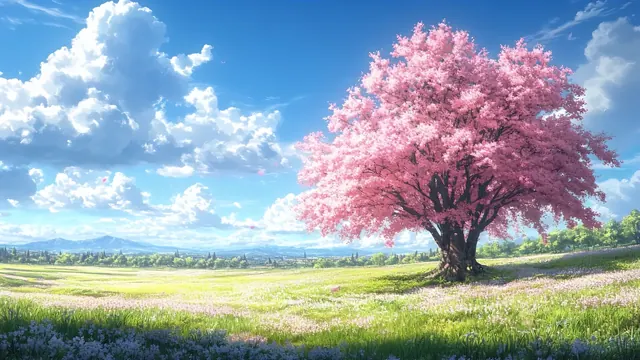 Pink cherry blossom tree in a sunny meadow with petals in the blue sky