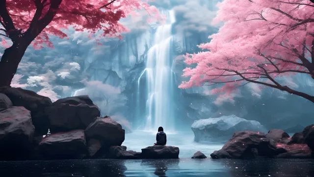 Lone figure beside a clear pool facing a misty waterfall among cherry blossoms
