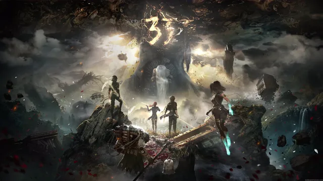 Expedition 33 party grouped on darkened terrain in Clair Obscur atmospheric art