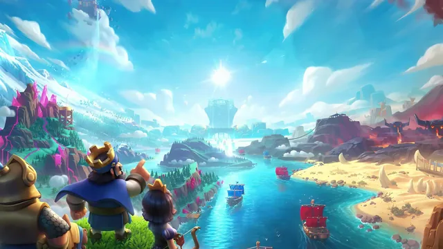 Royal King above Clash Royale fantasy lands and blue sea