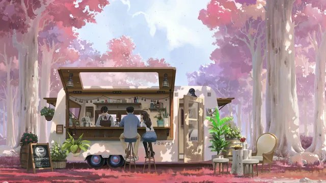 Two characters at an outdoor anime café surrounded by tall swaying trees