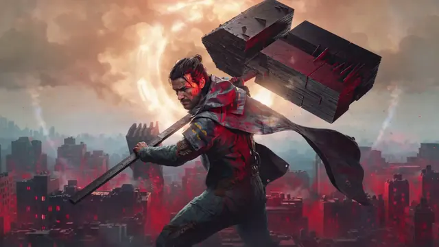 Dylan Faden carrying the Aberrant above a crimson distorted city