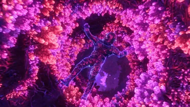 Cosmic astronaut within a tunnel of crystal forms