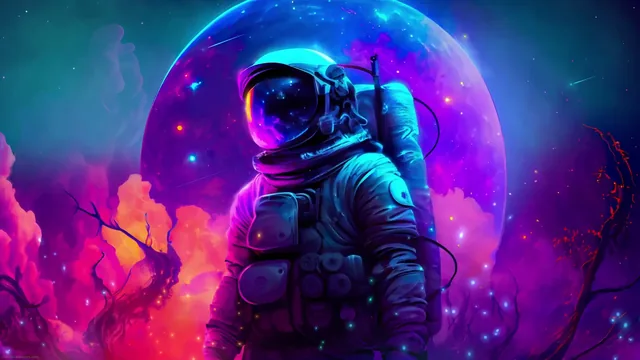 Neon astronaut before a huge glowing planet with colorful soft particles