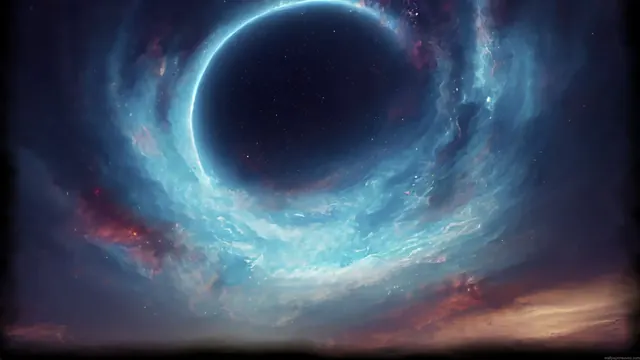 Dark cosmic eclipse set against a broad nebula sky