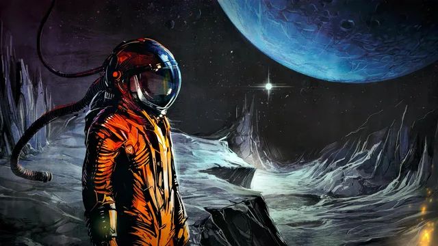 Astronaut in orange pressure suit standing on alien rocky terrain with a colossal planet behind