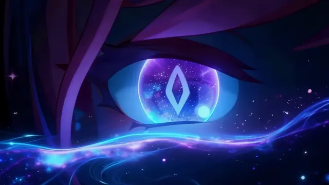Close-up anime eye filled with blue and violet cosmic light