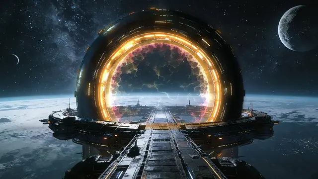 Circular cosmic gateway suspended above a distant planet in space