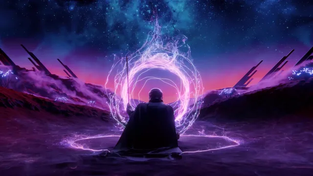Kneeling figure before a purple cosmic portal between jagged mountains