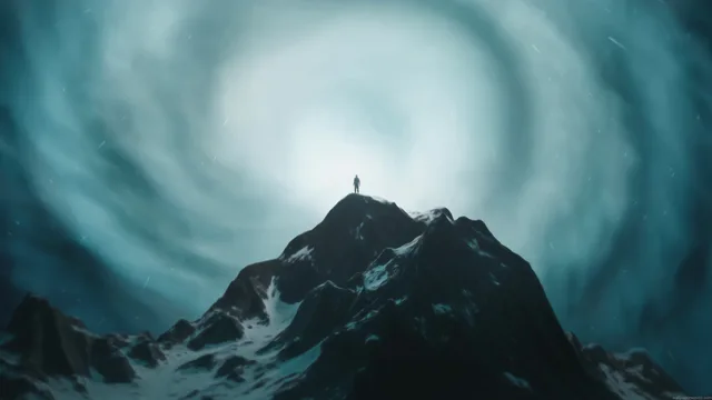 Swirling blue-purple vortex above jagged mountain silhouettes at night
