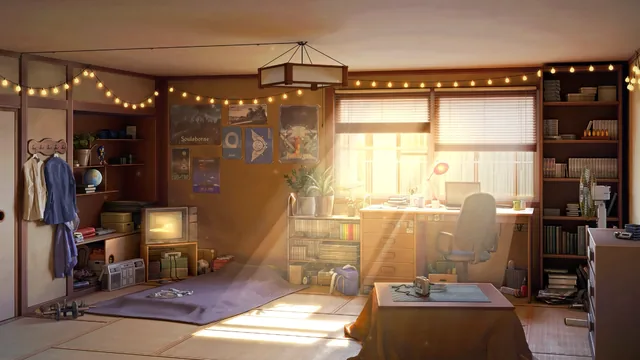 Cozy anime room filled with gentle morning sunlight and drifting dust motes