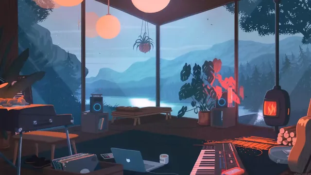 Cozy LoFi cabin during night rain in a 4K landscape live wallpaper