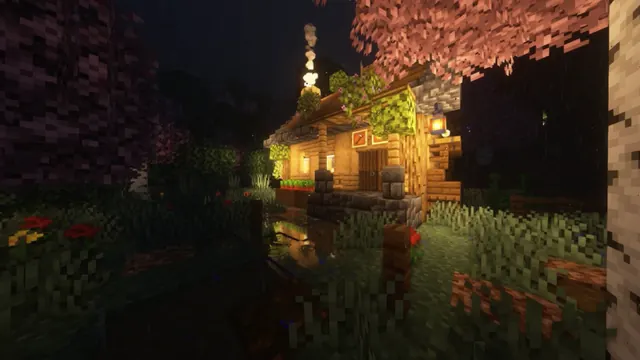 Wooden Minecraft cabin beneath cherry trees on a rainy night