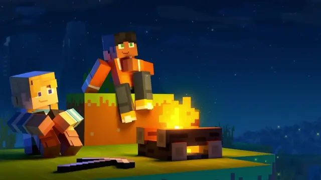 Two Minecraft companions beside a campfire under a star-filled sky