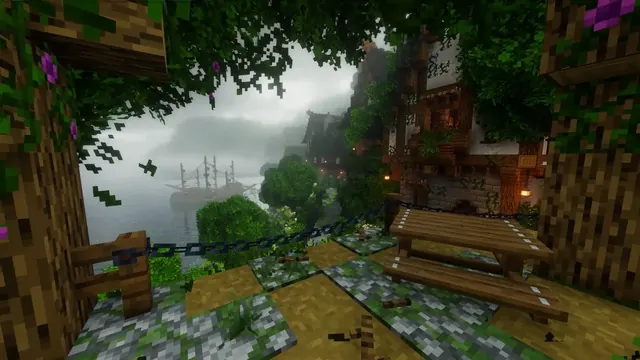 Cozy block-built Minecraft harbor viewed across the waterfront
