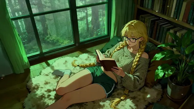 Anime girl reading beside a rain-covered window with soft green forest light