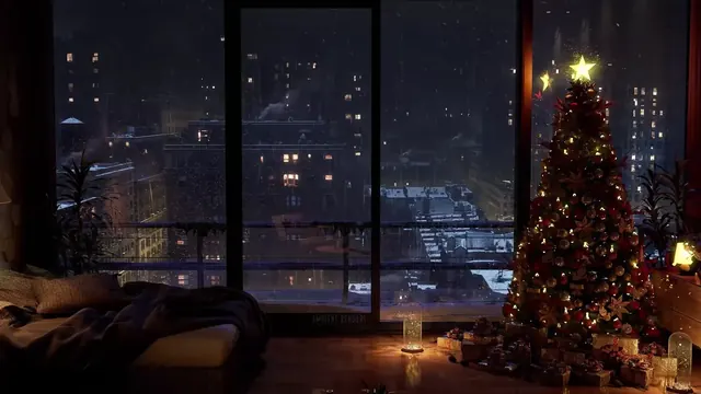 Glowing Christmas tree in an apartment overlooking snowy New York at night