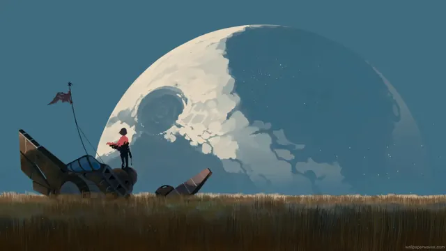 A crashed spaceship resting within a broad landscape