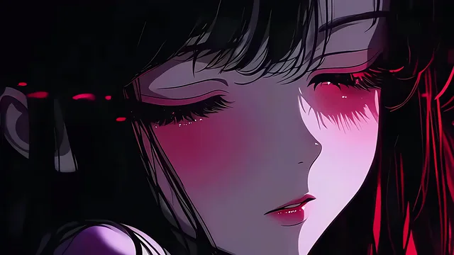 Pale anime face with luminous crimson eyes and black hair