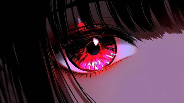 Dark anime figure with one glowing crimson eye piercing through the night