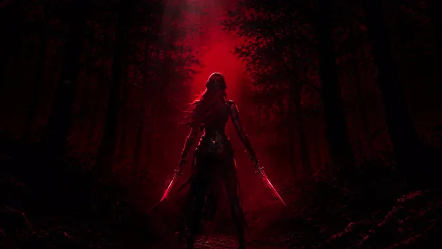 A crimson-hooded assassin standing in a dark alley with red light and embers