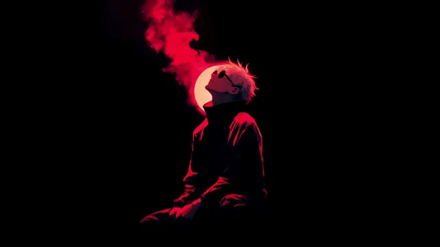Lone seated anime figure in darkness with deep crimson backlight and rising red smoke