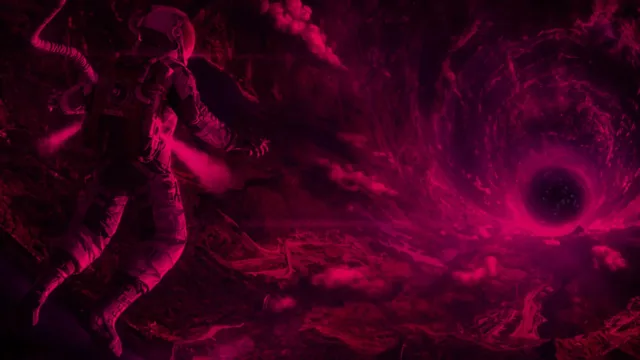 Astronaut drifting toward a swirling black hole in deep crimson space